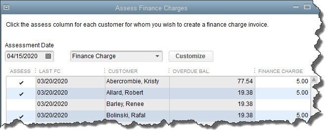 Figure 2: You'll determine who should have finance charge invoices created in the Assess Finance Charges window.
