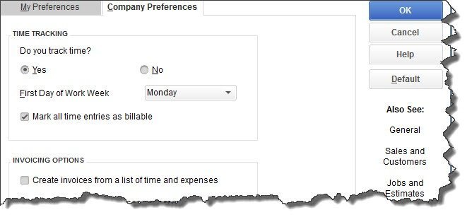 The Time & Expenses window in QuickBooks' Preferences